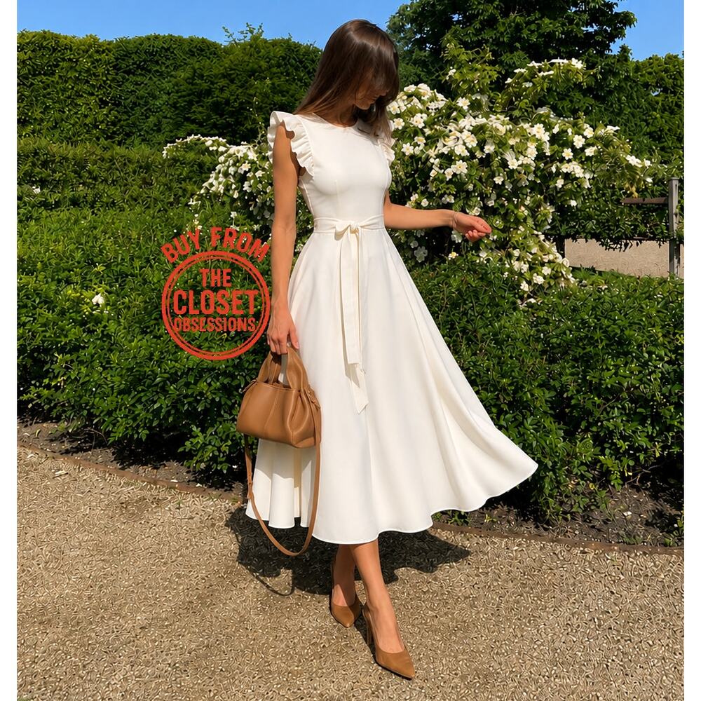 ZARA Ruffled Midi Dress NWT | Ecru Cotton Fit & Flare Belted Size M/L - Picture 6 of 16